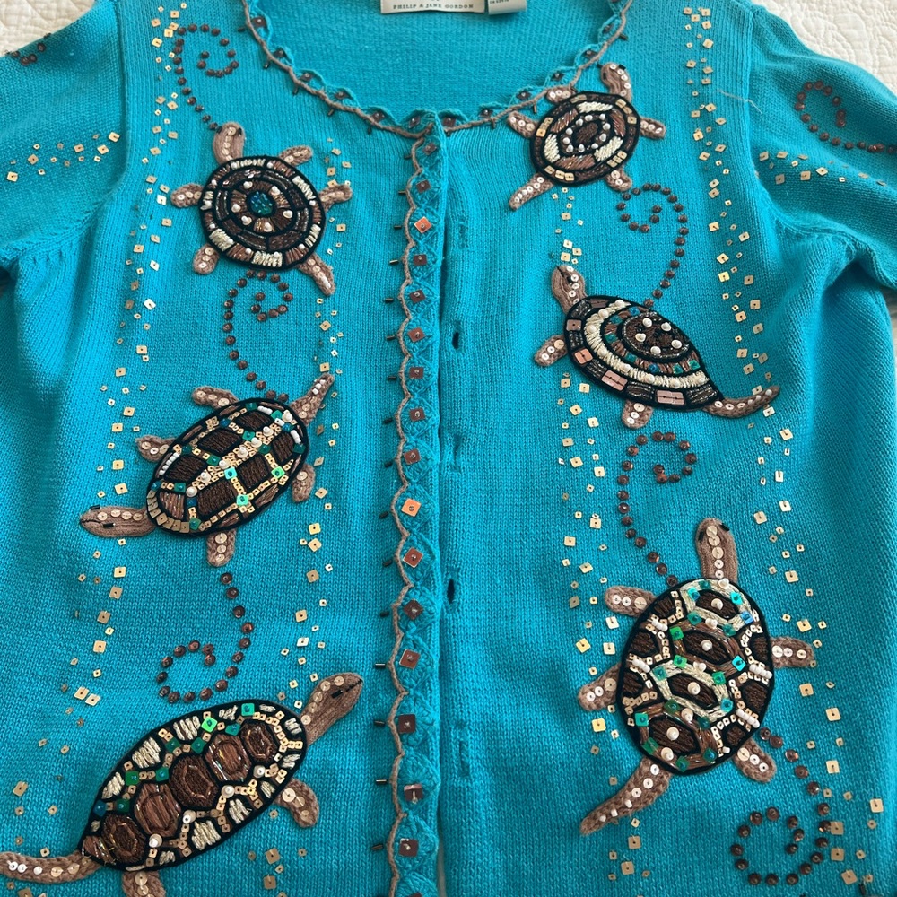 Embellished Turquoise Sweater with Turtle Design